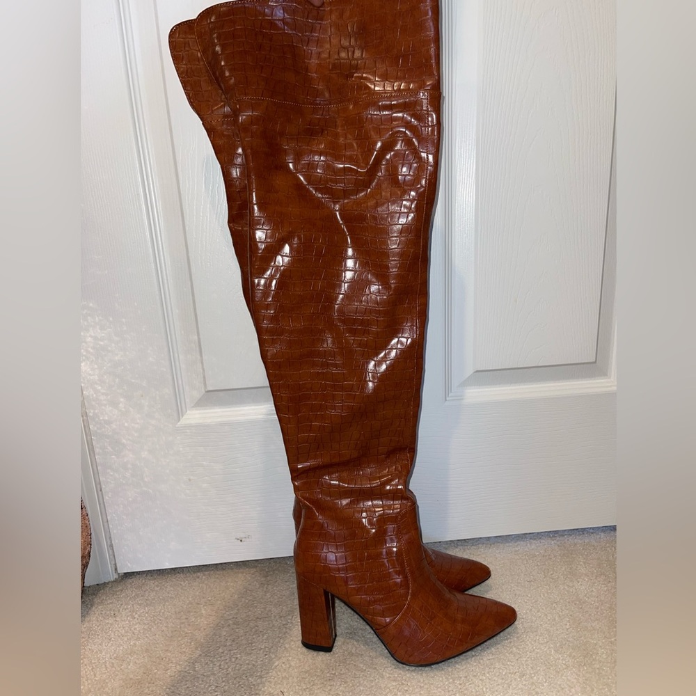 Brown over the knee/thigh high snake skin boots
